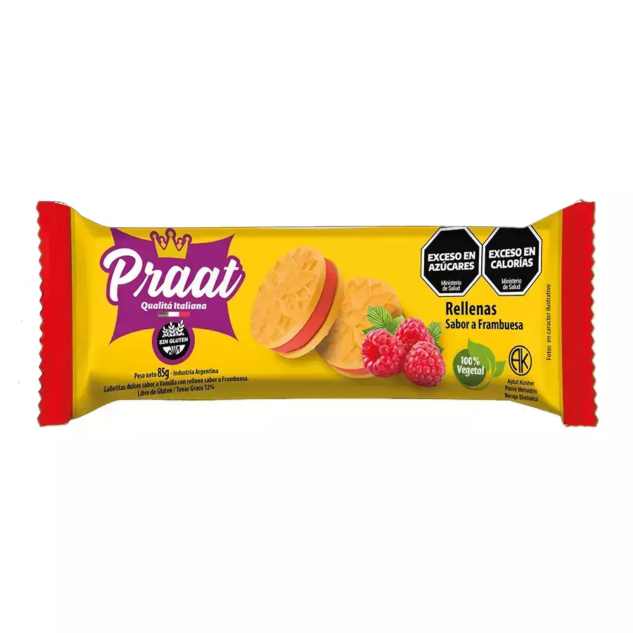 GALLETAS RELLENAS SABOR FRAMBUESA X 85 GRS PRAAT