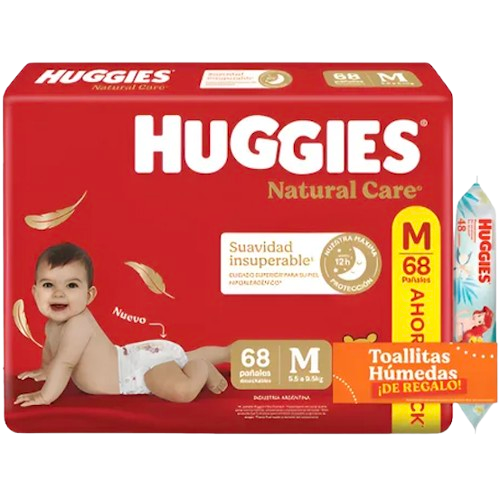 Pañal baby combo M 68u natural care + toallitas humedas 48u Huggies (2)