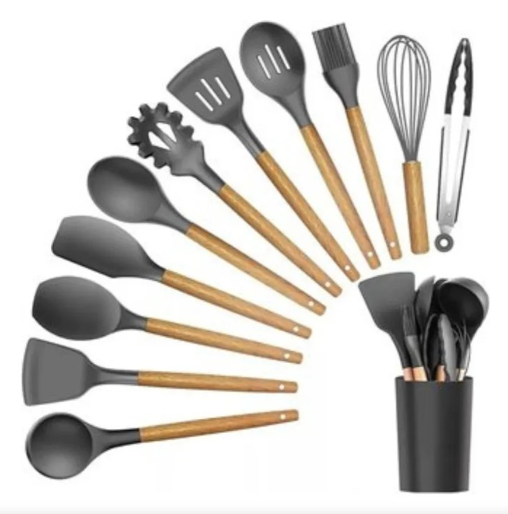 Utensilios de Cocina x12 - Mango Madera Punta Silicona