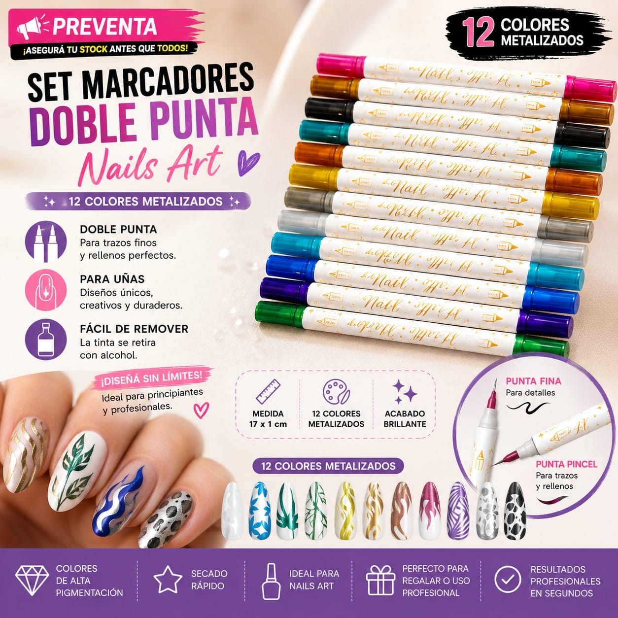 Marcadores doble punta Metálica para uñas