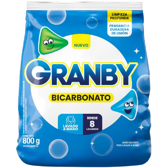Jabon polvo p/ ropa 800g lavado mano bicarbonato limon Granby (24)