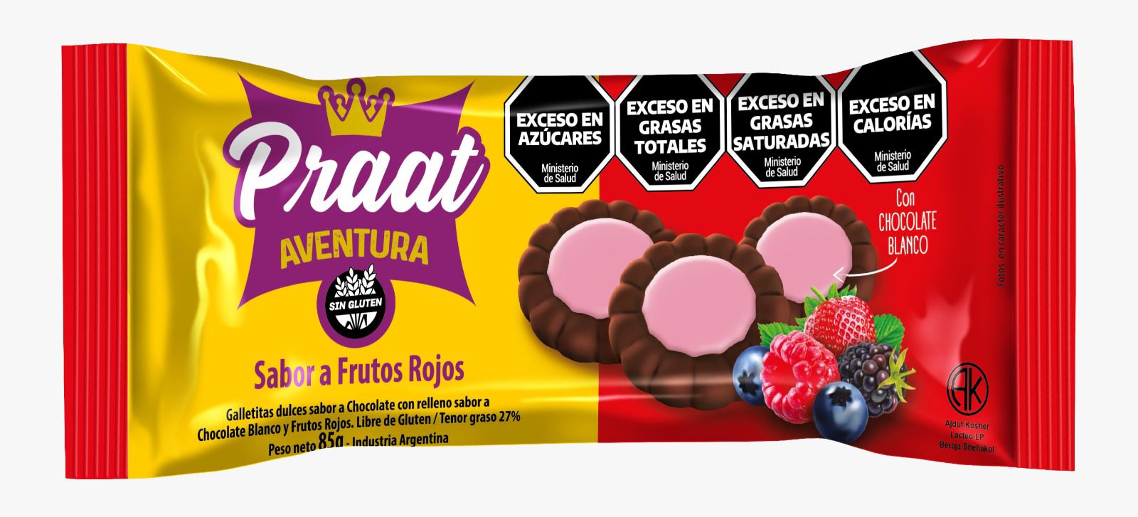GALLETAS AVENTURA DE CHOCOLATE C/FRUTOS ROJOS X 85 GRS PRAAT