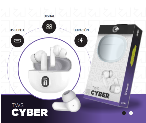 AURICULARES MANOS LIBRES TWS C/DISPLAY CYBER bco-negro