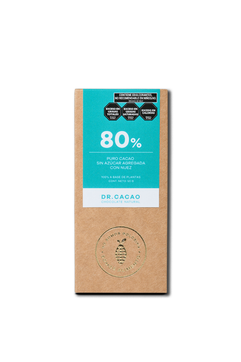 BARRA 80% CACAO S/AZUCAR CON NUECES X 50 GRS DR. CACAO
