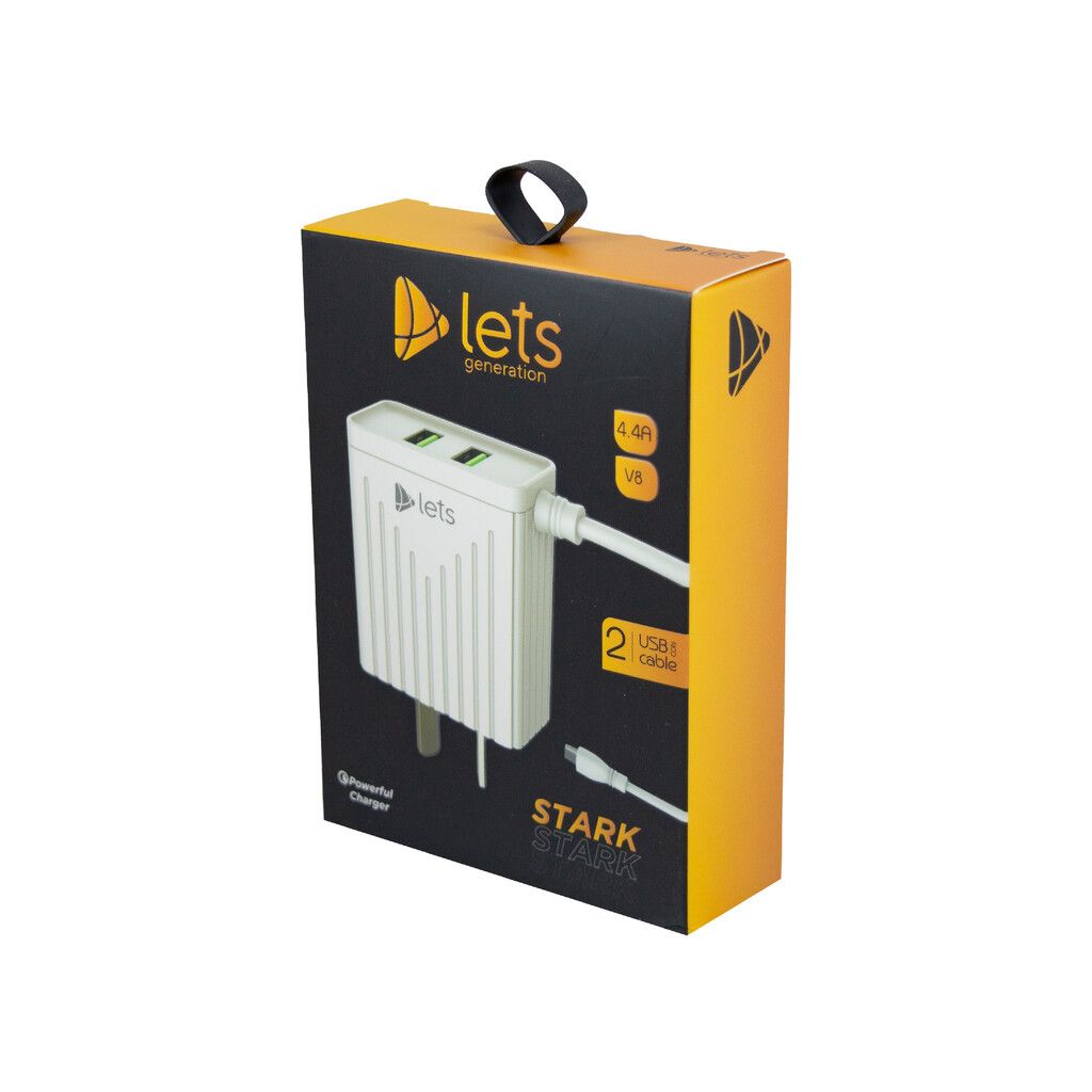 cargador 220v lets 4.4a-2usb c/cable v8- blanco