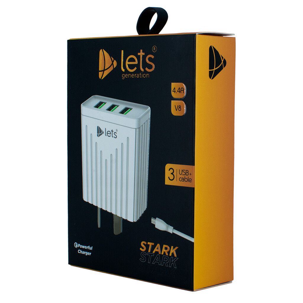 cargador 220v lets 4.4a-3usb+cable tipo c- blanco