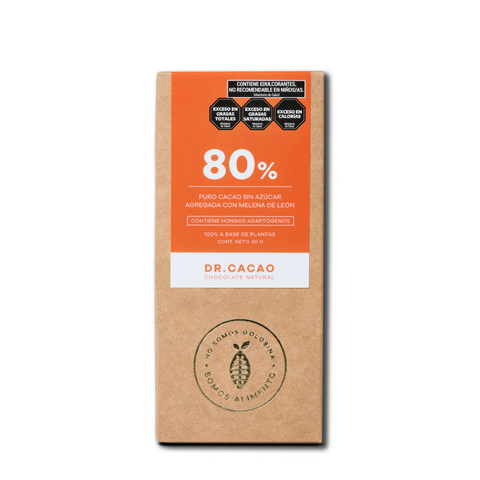BARRA 80% CACAO S/AZUCAR CON MELENA DE LEON X 50 GRS DR. CACAO