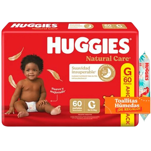 Pañal baby combo G 60u natural care + toallitas humeda 48u Huggies (2)
